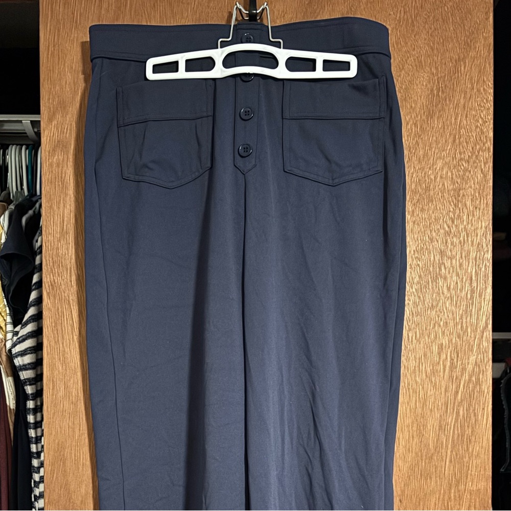 HALARA Women’s Navy Wide Leg Stretch Pants with Button Front